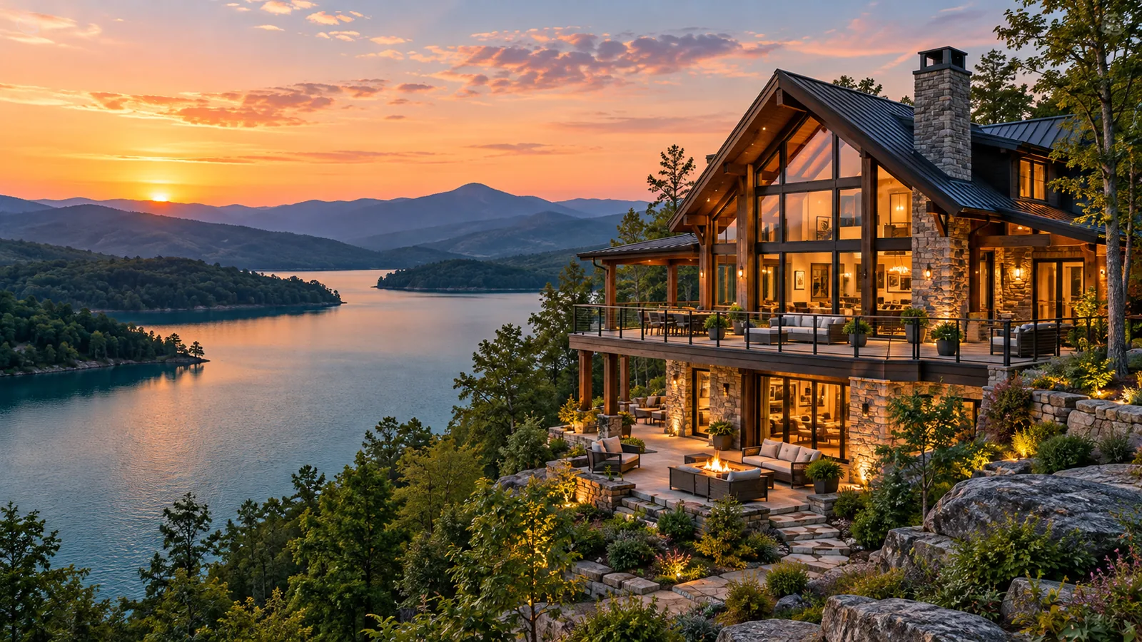 Illustrative golden-hour view of a lakefront cabin with mountains across the water