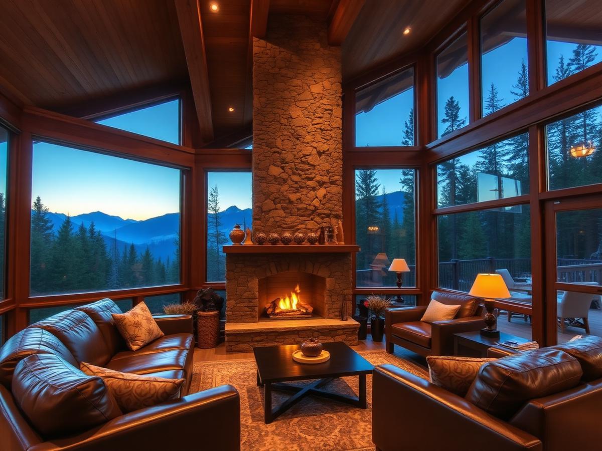 Warm cabin interior with stone fireplace overlooking the Smoky Mountains, the setting of the ultimate Airbnb financing guide